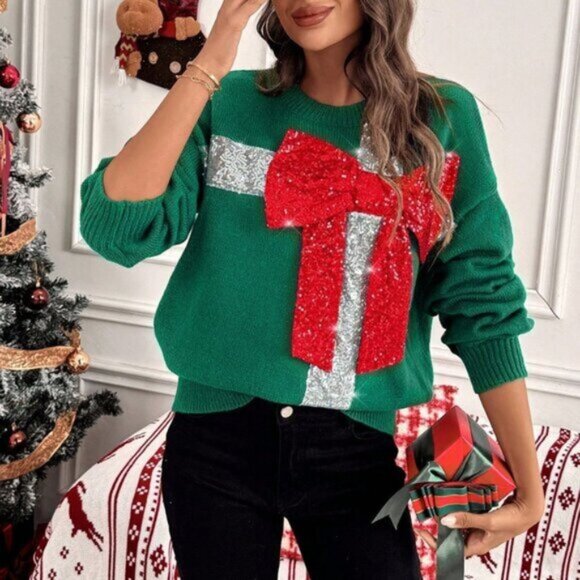 Multicolor Casual Women's Christmas Sweater with Sequins - Picture 1 of 6